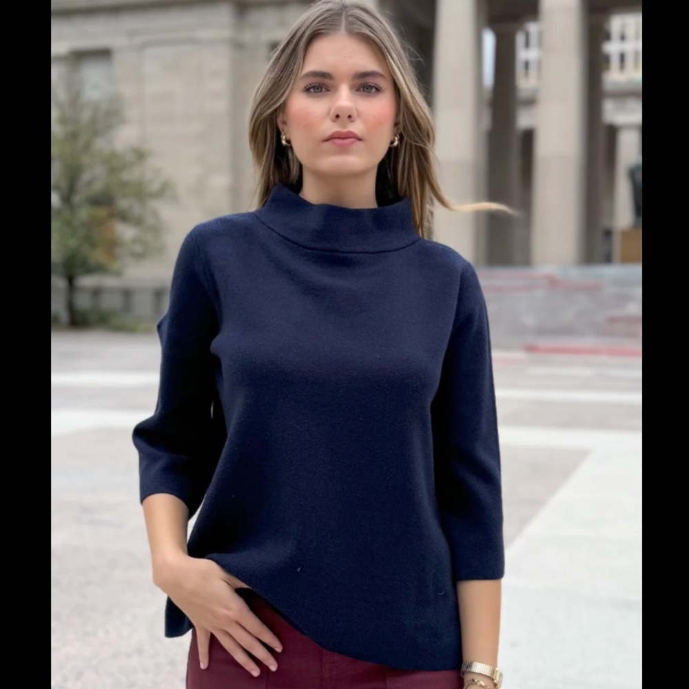 Navy blue mock neck boat sweater